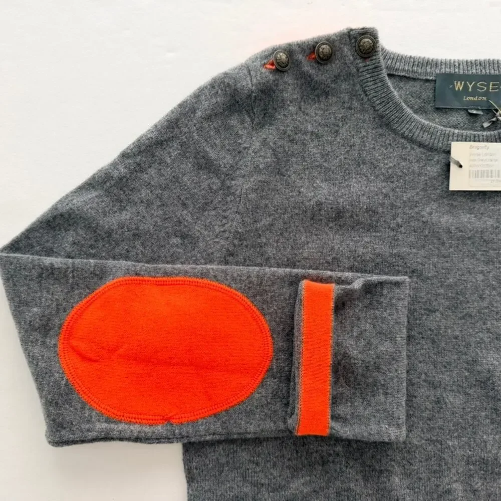 WYSE London Cashmere Grey Jumper Sweater NEW 2/Small Orange Elbow Patch